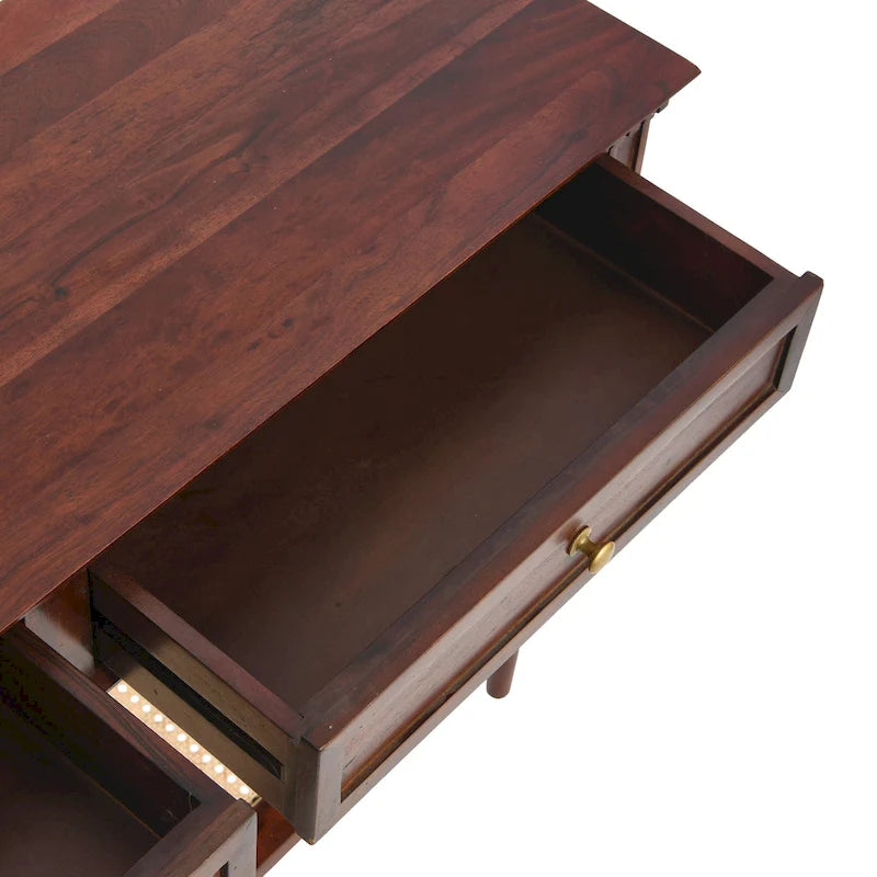 Console avec 2 tiroirs et étagère en cannage – Noyer / Noir / Blanc, Bois massif traditionnel, Utilisateur unique