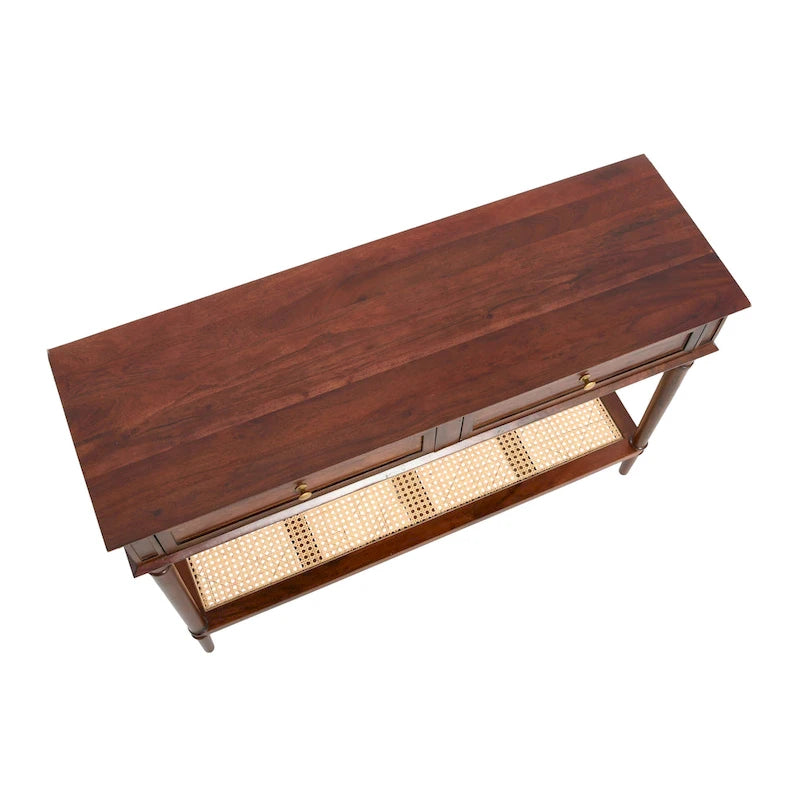 Console avec 2 tiroirs et étagère en cannage – Noyer / Noir / Blanc, Bois massif traditionnel, Utilisateur unique