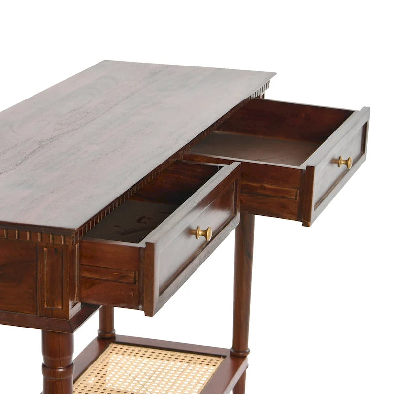 Console avec 2 tiroirs et étagère en cannage – Noyer / Noir / Blanc, Bois massif traditionnel, Utilisateur unique