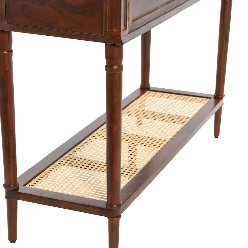 Console avec 2 tiroirs et étagère en cannage – Noyer / Noir / Blanc, Bois massif traditionnel, Utilisateur unique