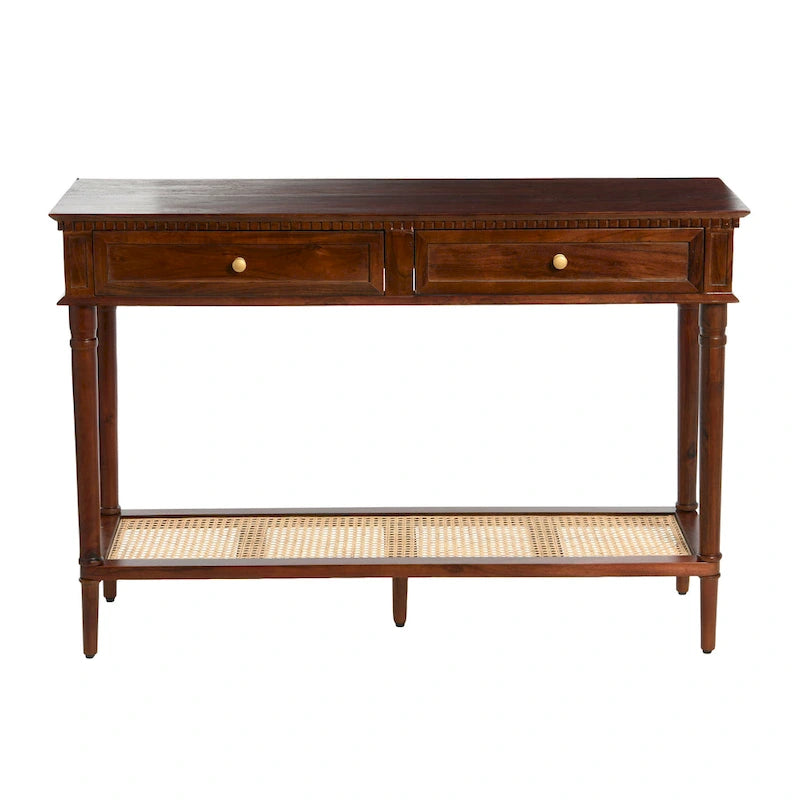 Console avec 2 tiroirs et étagère en cannage – Noyer / Noir / Blanc, Bois massif traditionnel, Utilisateur unique