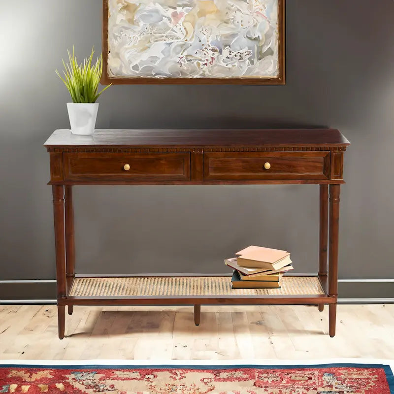 Console avec 2 tiroirs et étagère en cannage – Noyer / Noir / Blanc, Bois massif traditionnel, Utilisateur unique