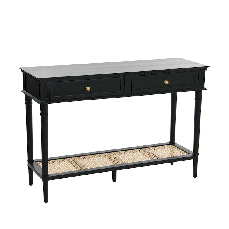 Console avec 2 tiroirs et étagère en cannage – Noyer / Noir / Blanc, Bois massif traditionnel, Utilisateur unique