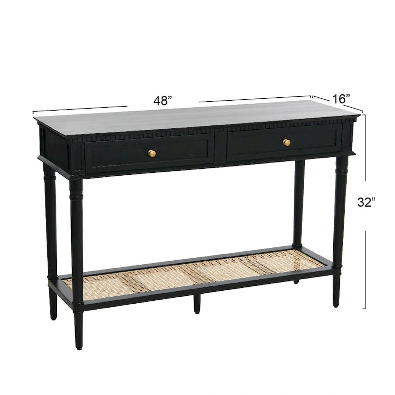 Console avec 2 tiroirs et étagère en cannage – Noyer / Noir / Blanc, Bois massif traditionnel, Utilisateur unique