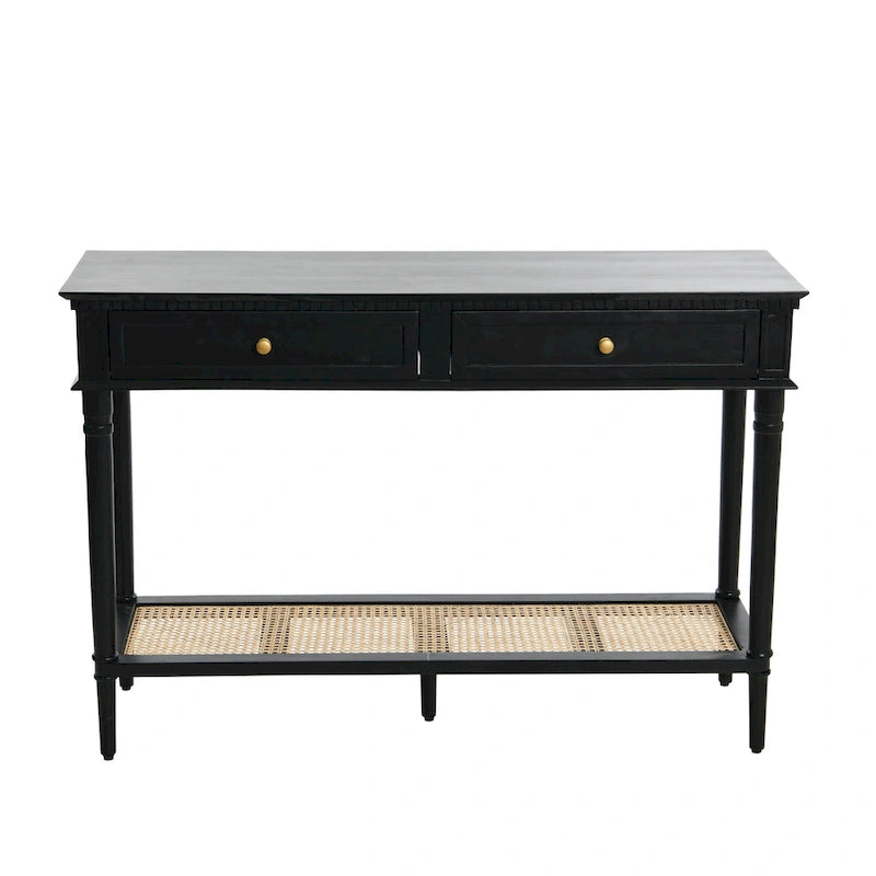 Console avec 2 tiroirs et étagère en cannage – Noyer / Noir / Blanc, Bois massif traditionnel, Utilisateur unique