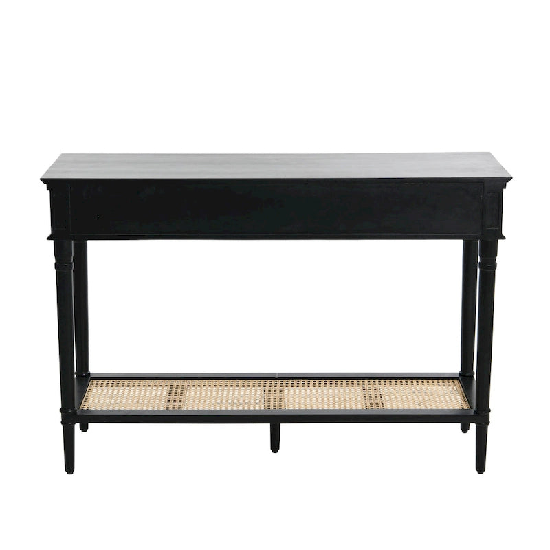 Console avec 2 tiroirs et étagère en cannage – Noyer / Noir / Blanc, Bois massif traditionnel, Utilisateur unique