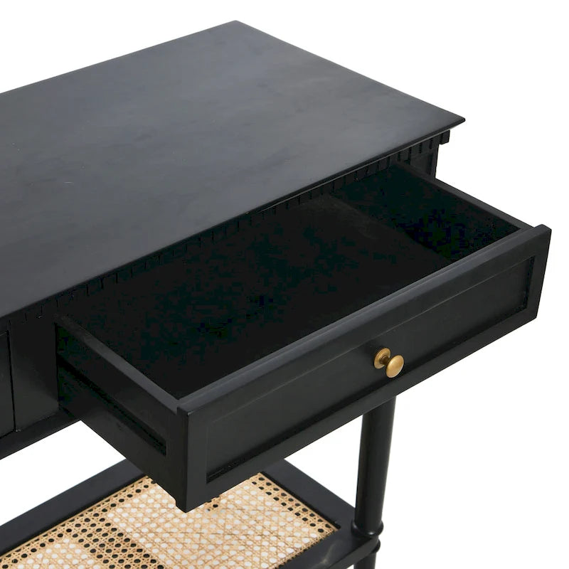 Console avec 2 tiroirs et étagère en cannage – Noyer / Noir / Blanc, Bois massif traditionnel, Utilisateur unique