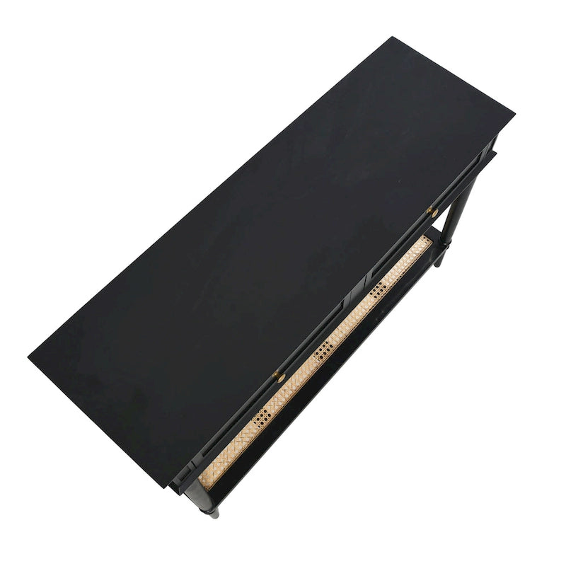 Console avec 2 tiroirs et étagère en cannage – Noyer / Noir / Blanc, Bois massif traditionnel, Utilisateur unique