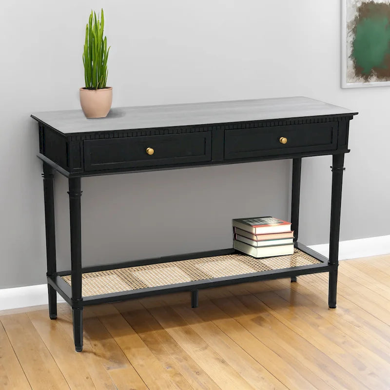 Console avec 2 tiroirs et étagère en cannage – Noyer / Noir / Blanc, Bois massif traditionnel, Utilisateur unique