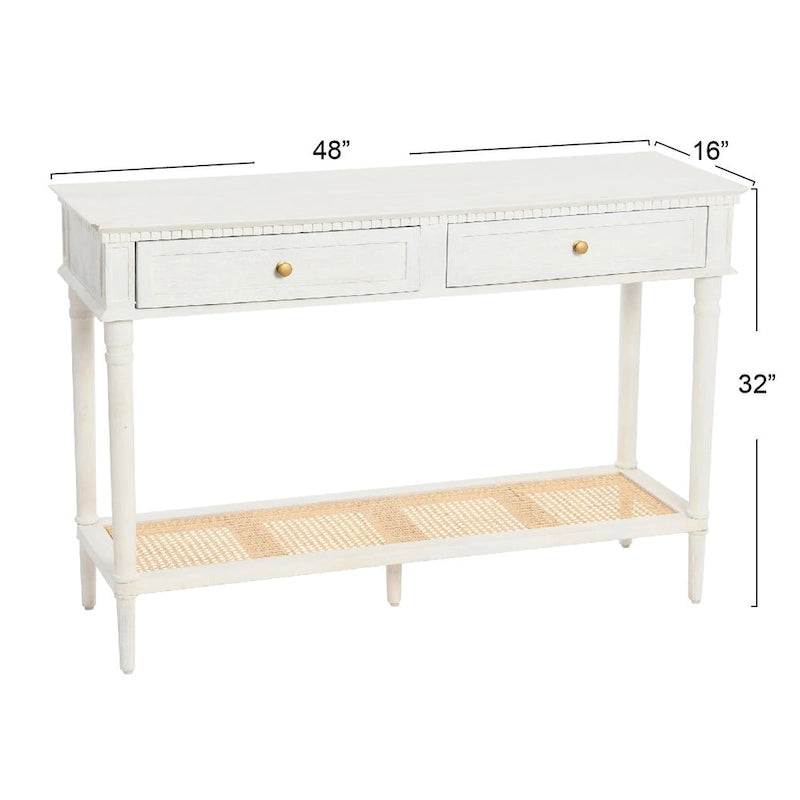 Console avec 2 tiroirs et étagère en cannage – Noyer / Noir / Blanc, Bois massif traditionnel, Utilisateur unique