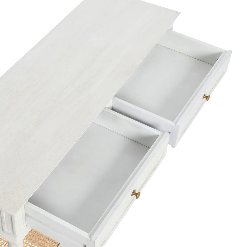 Console avec 2 tiroirs et étagère en cannage – Noyer / Noir / Blanc, Bois massif traditionnel, Utilisateur unique