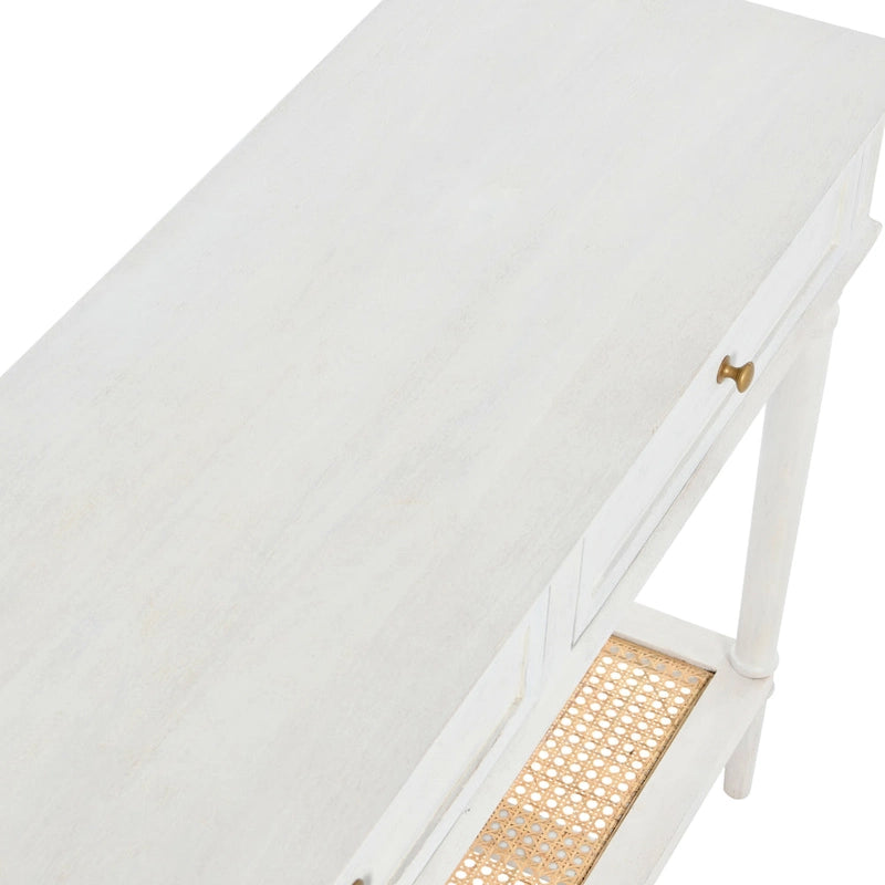 Console avec 2 tiroirs et étagère en cannage – Noyer / Noir / Blanc, Bois massif traditionnel, Utilisateur unique