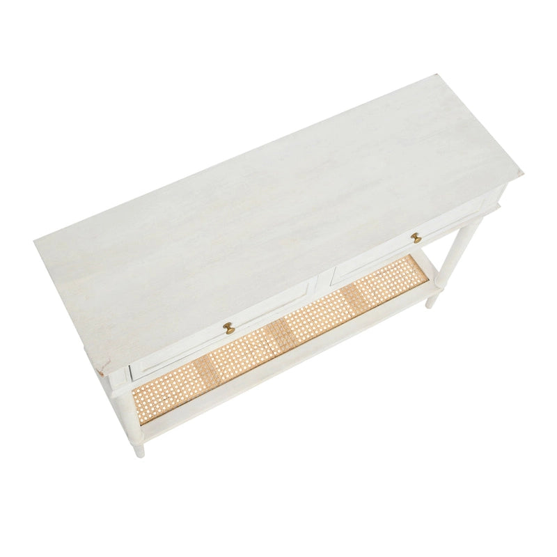 Console avec 2 tiroirs et étagère en cannage – Noyer / Noir / Blanc, Bois massif traditionnel, Utilisateur unique