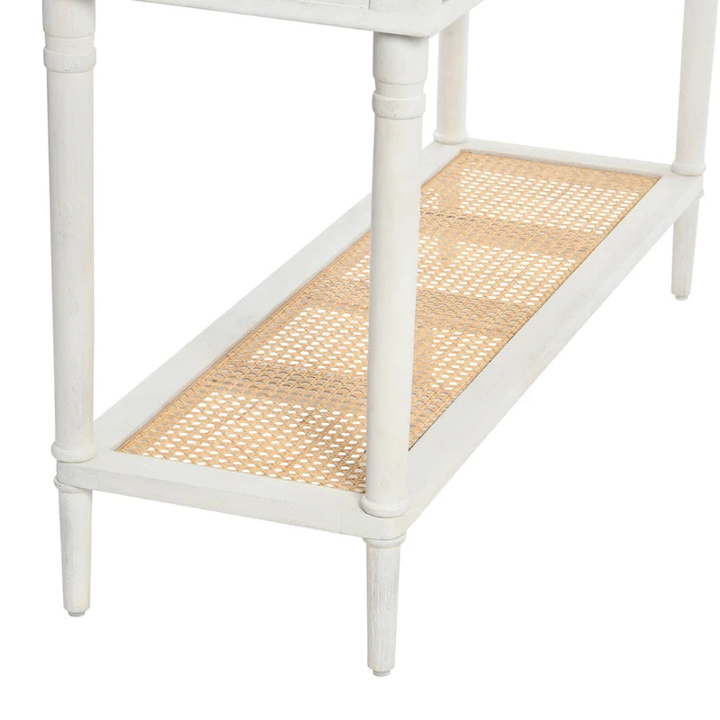 Console avec 2 tiroirs et étagère en cannage – Noyer / Noir / Blanc, Bois massif traditionnel, Utilisateur unique