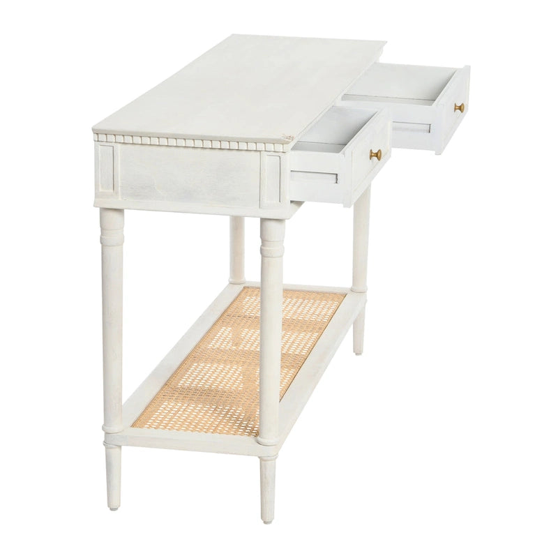 Console avec 2 tiroirs et étagère en cannage – Noyer / Noir / Blanc, Bois massif traditionnel, Utilisateur unique