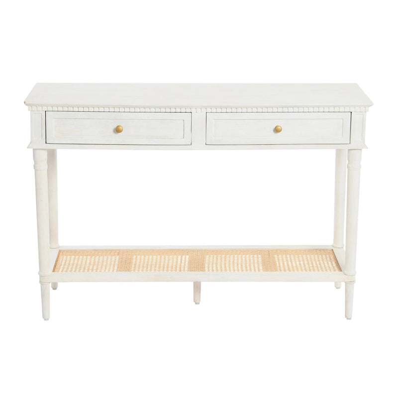 Console avec 2 tiroirs et étagère en cannage – Noyer / Noir / Blanc, Bois massif traditionnel, Utilisateur unique