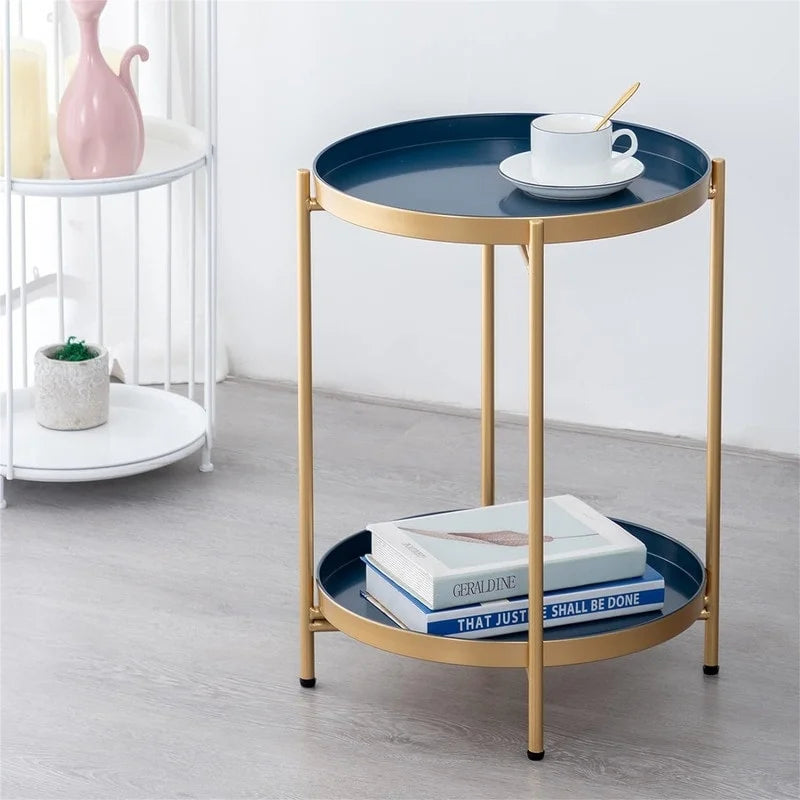 Table d'appoint métallique à 2 niveaux – Noir / Blanc / Jaune / Bleu or, Pliable, Utilisateur unique