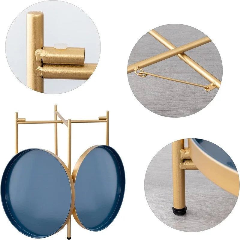 Table d'appoint métallique à 2 niveaux – Noir / Blanc / Jaune / Bleu or, Pliable, Utilisateur unique