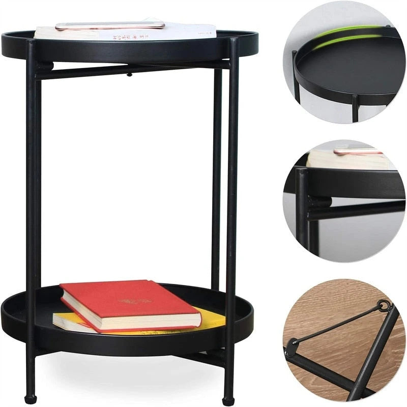 Table d'appoint métallique à 2 niveaux – Noir / Blanc / Jaune / Bleu or, Pliable, Utilisateur unique