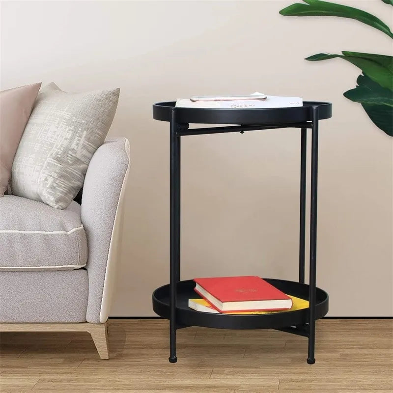 Table d'appoint métallique à 2 niveaux – Noir / Blanc / Jaune / Bleu or, Pliable, Utilisateur unique