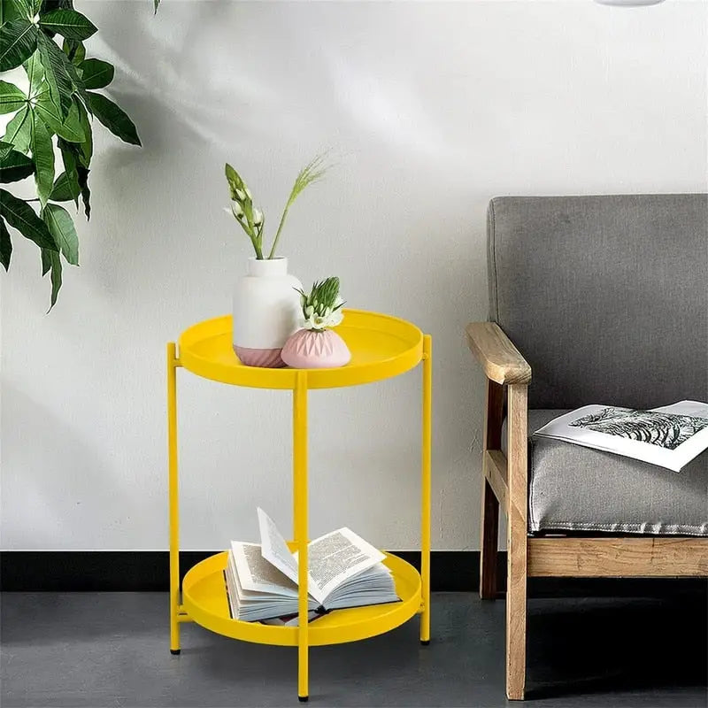 Table d'appoint métallique à 2 niveaux – Noir / Blanc / Jaune / Bleu or, Pliable, Utilisateur unique