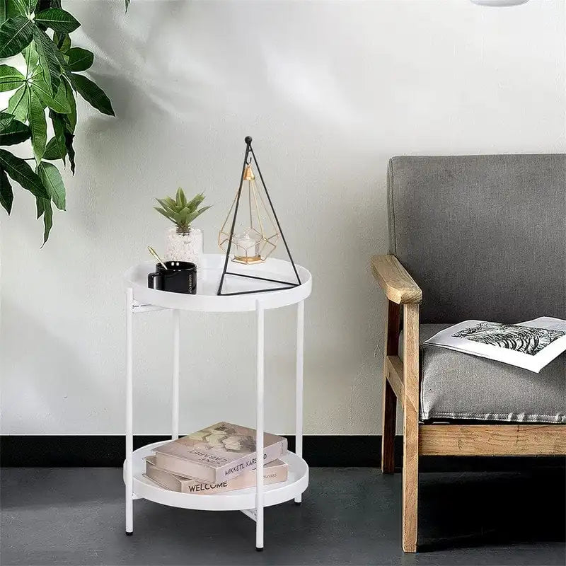 Table d'appoint métallique à 2 niveaux – Noir / Blanc / Jaune / Bleu or, Pliable, Utilisateur unique
