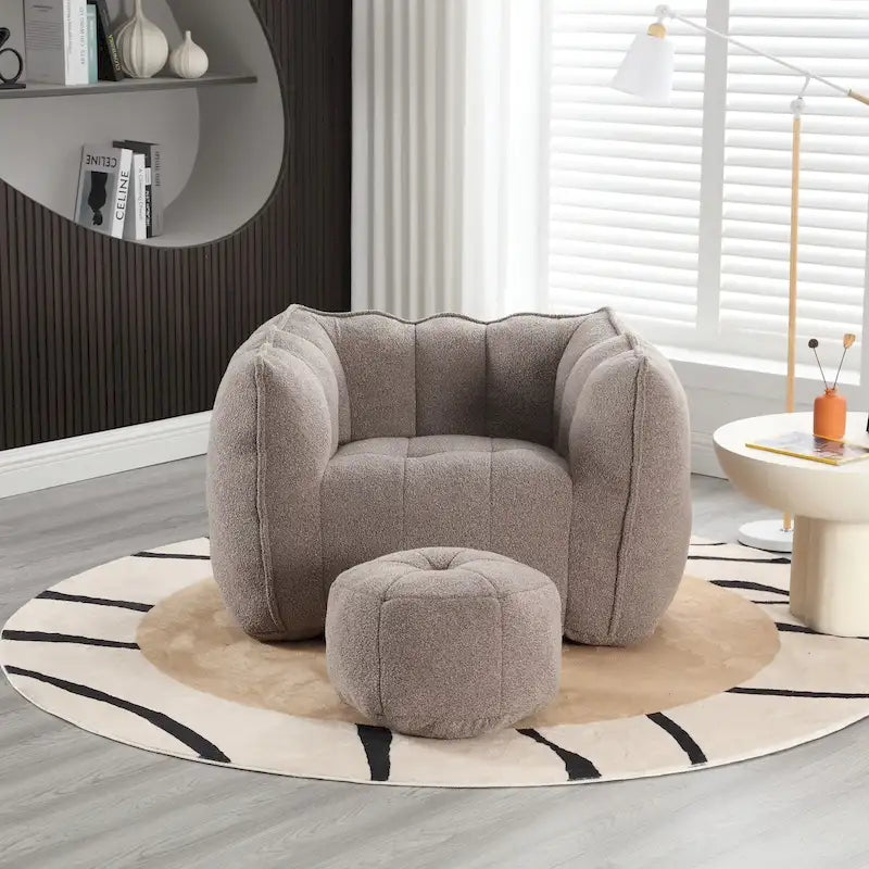Fauteuil Poire en Tissu Bouclé avec Repose-pieds – Kaki Jaune / Café / Rouge Marron / Gris / Vert Olive, pour 1 à 2 Personnes