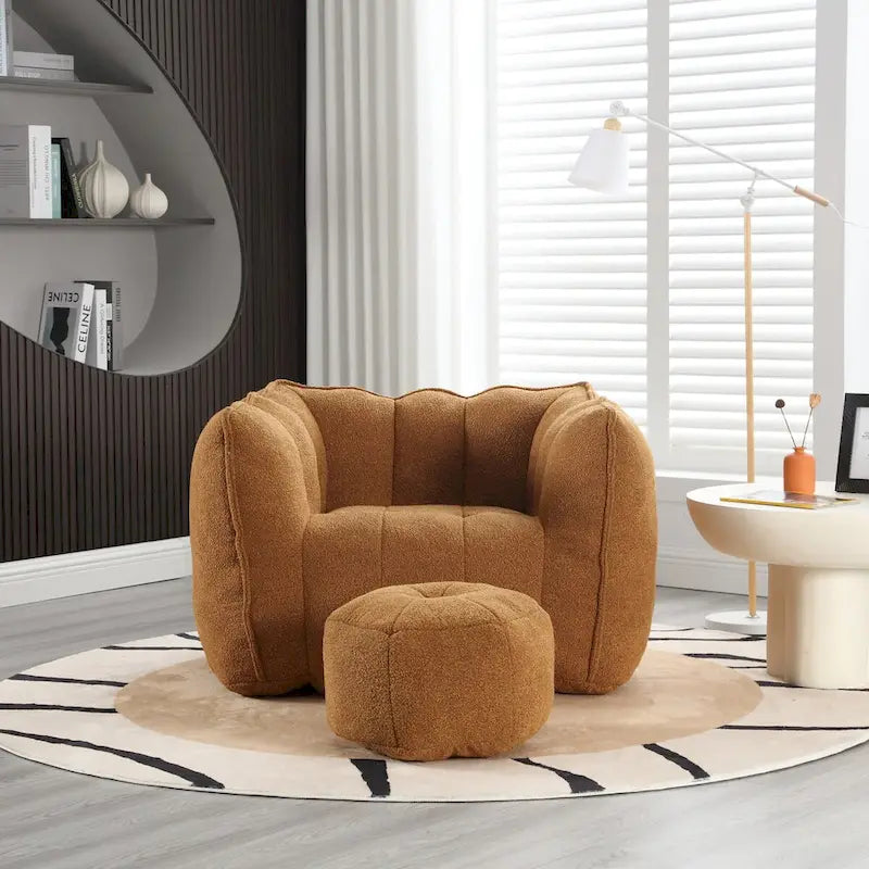 Fauteuil Poire en Tissu Bouclé avec Repose-pieds – Kaki Jaune / Café / Rouge Marron / Gris / Vert Olive, pour 1 à 2 Personnes