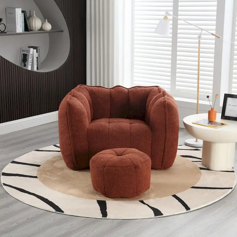 Fauteuil Poire en Tissu Bouclé avec Repose-pieds – Kaki Jaune / Café / Rouge Marron / Gris / Vert Olive, pour 1 à 2 Personnes