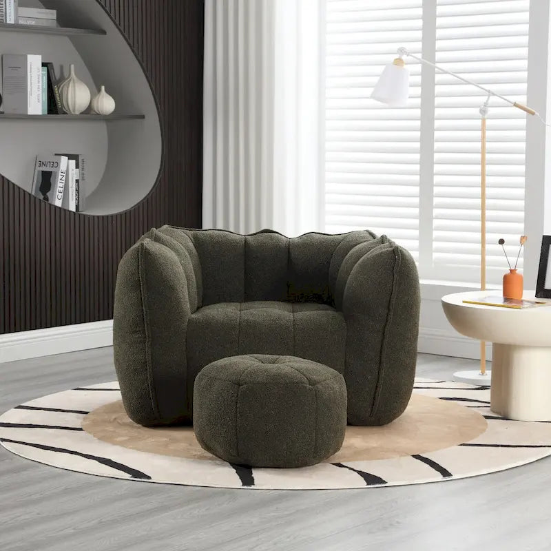 Fauteuil Poire en Tissu Bouclé avec Repose-pieds – Kaki Jaune / Café / Rouge Marron / Gris / Vert Olive, pour 1 à 2 Personnes