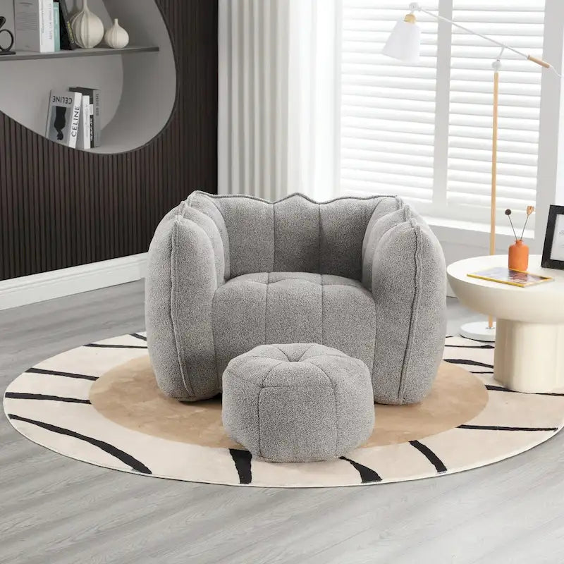 Fauteuil Poire en Tissu Bouclé avec Repose-pieds – Kaki Jaune / Café / Rouge Marron / Gris / Vert Olive, pour 1 à 2 Personnes