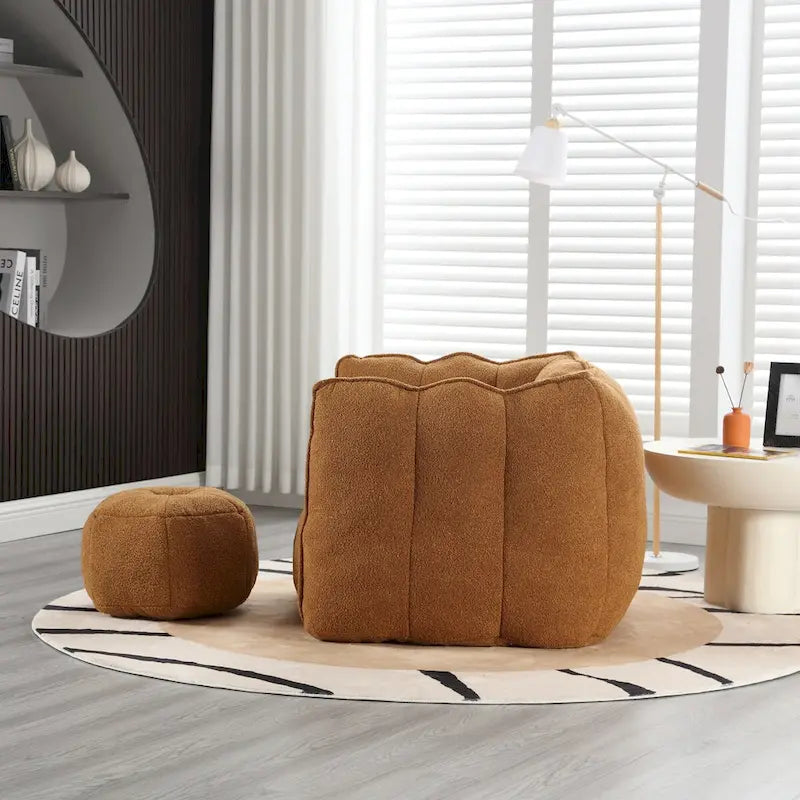 Fauteuil Poire en Tissu Bouclé avec Repose-pieds – Kaki Jaune / Café / Rouge Marron / Gris / Vert Olive, pour 1 à 2 Personnes
