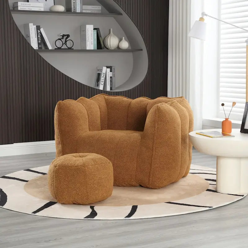 Fauteuil Poire en Tissu Bouclé avec Repose-pieds – Kaki Jaune / Café / Rouge Marron / Gris / Vert Olive, pour 1 à 2 Personnes