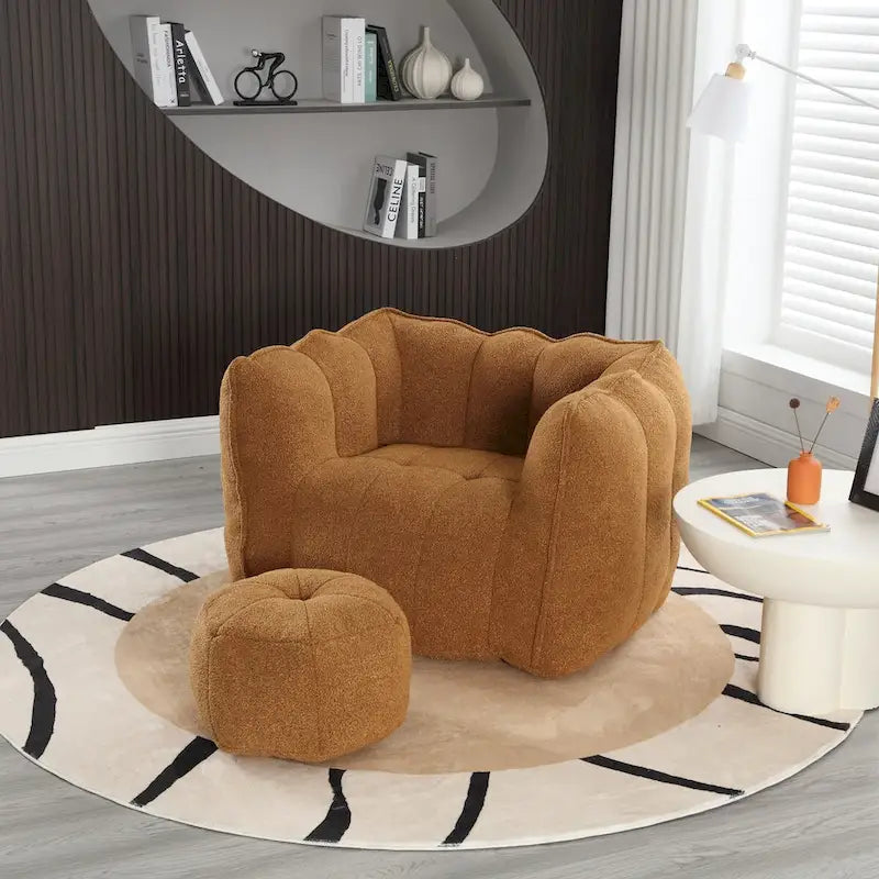 Fauteuil Poire en Tissu Bouclé avec Repose-pieds – Kaki Jaune / Café / Rouge Marron / Gris / Vert Olive, pour 1 à 2 Personnes