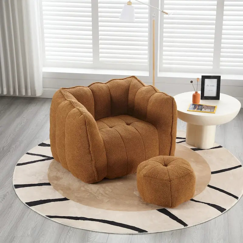 Fauteuil Poire en Tissu Bouclé avec Repose-pieds – Kaki Jaune / Café / Rouge Marron / Gris / Vert Olive, pour 1 à 2 Personnes