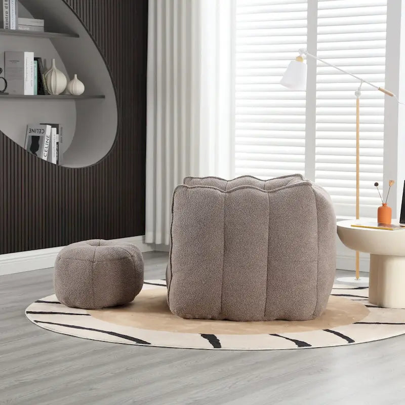 Fauteuil Poire en Tissu Bouclé avec Repose-pieds – Kaki Jaune / Café / Rouge Marron / Gris / Vert Olive, pour 1 à 2 Personnes