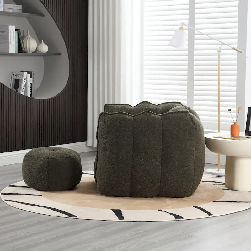 Fauteuil Poire en Tissu Bouclé avec Repose-pieds – Kaki Jaune / Café / Rouge Marron / Gris / Vert Olive, pour 1 à 2 Personnes