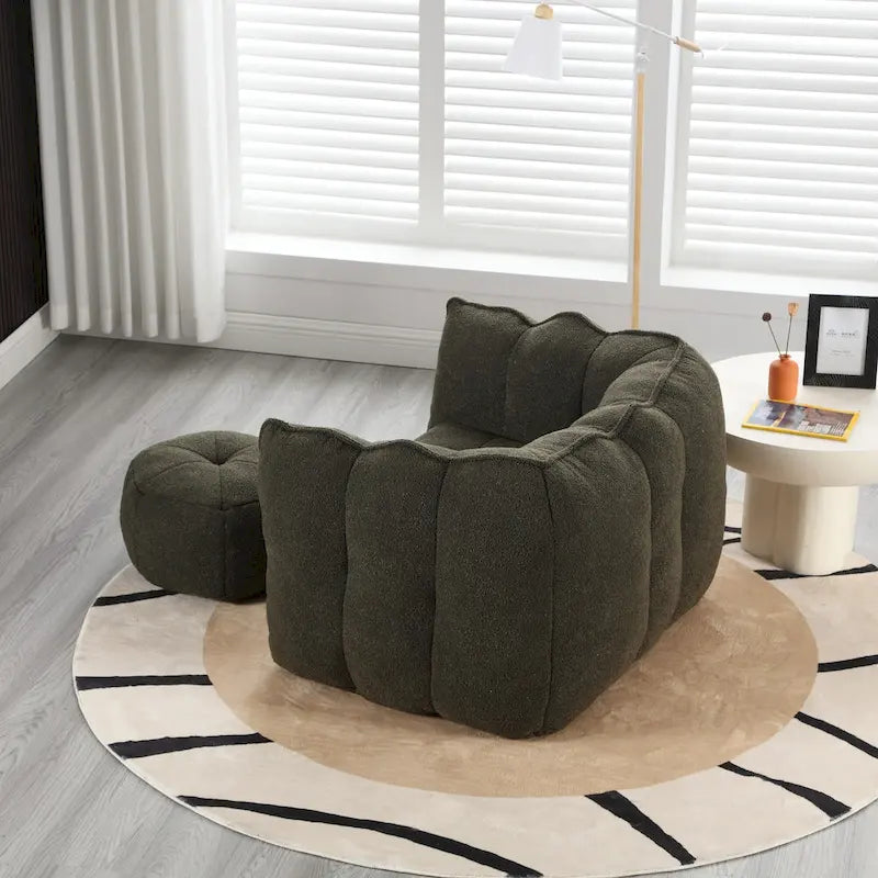 Fauteuil Poire en Tissu Bouclé avec Repose-pieds – Kaki Jaune / Café / Rouge Marron / Gris / Vert Olive, pour 1 à 2 Personnes