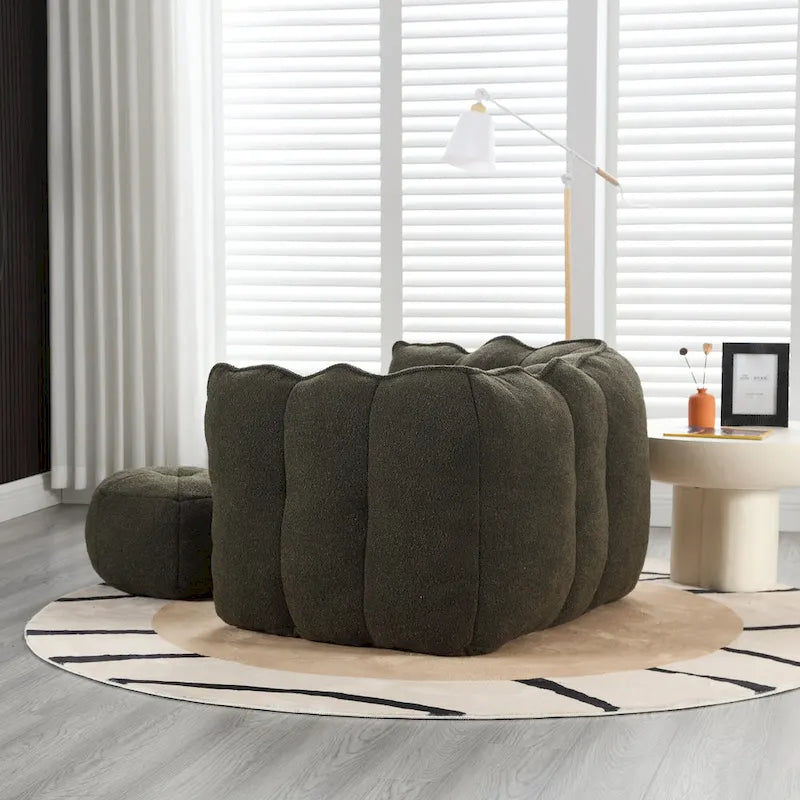 Fauteuil Poire en Tissu Bouclé avec Repose-pieds – Kaki Jaune / Café / Rouge Marron / Gris / Vert Olive, pour 1 à 2 Personnes