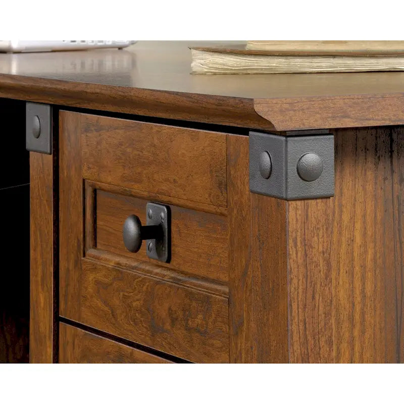 Bureau d'angle en L cerisier Washington doré satiné avec 3 tiroirs, rangement pour dossiers et meuble pour unité centrale pour 1