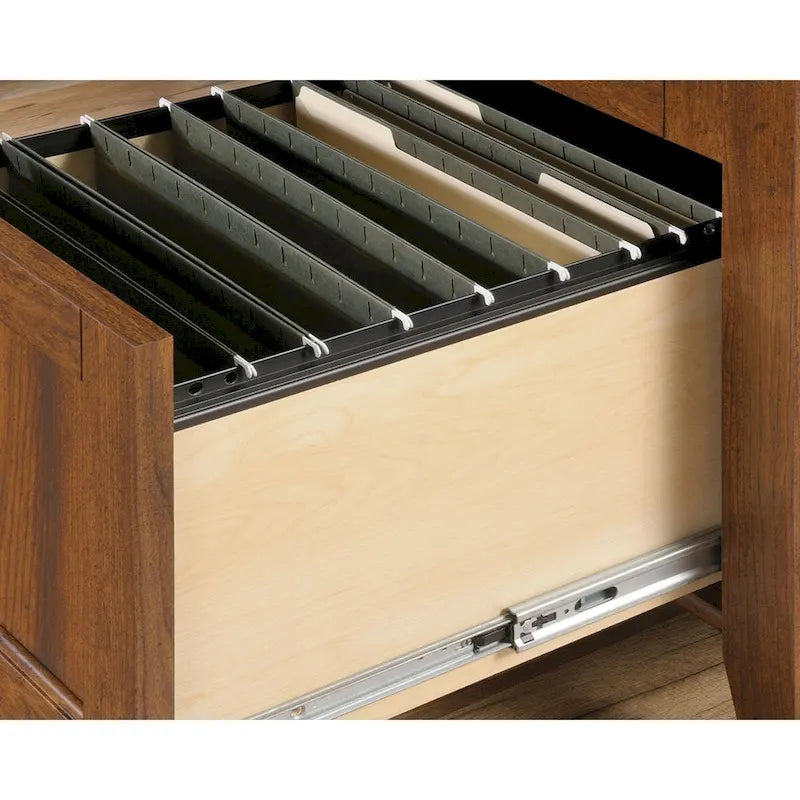 Bureau d'angle en L cerisier Washington doré satiné avec 3 tiroirs, rangement pour dossiers et meuble pour unité centrale pour 1