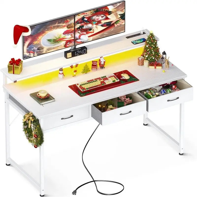 Bureau de jeu blanc pur en métal et bois avec bande LED, 3 tiroirs en tissu et chargement USB pour 1 personne
