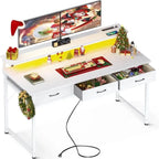 Bureau de jeu blanc pur en métal et bois avec bande LED, 3 tiroirs en tissu et chargement USB pour 1 personne
