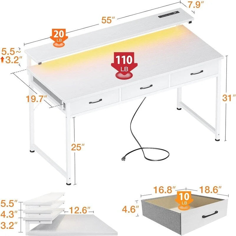 Bureau de jeu blanc pur en métal et bois avec bande LED, 3 tiroirs en tissu et chargement USB pour 1 personne