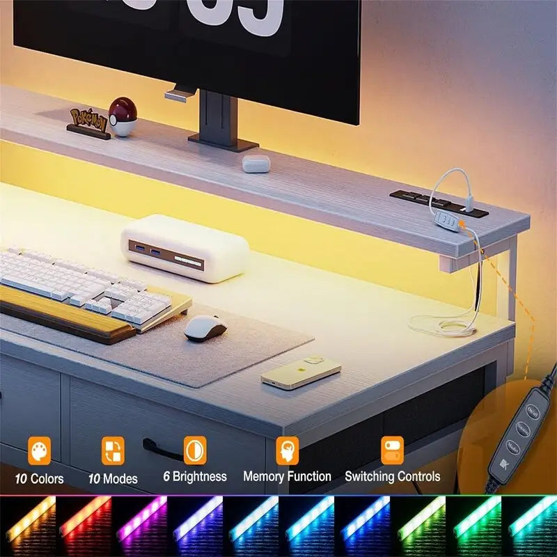 Bureau de jeu blanc pur en métal et bois avec bande LED, 3 tiroirs en tissu et chargement USB pour 1 personne