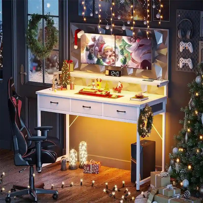 Bureau de jeu blanc pur en métal et bois avec bande LED, 3 tiroirs en tissu et chargement USB pour 1 personne