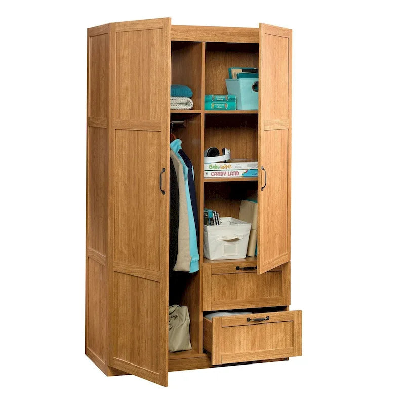 Armoire de rangement avec tringle et tiroirs en chêne blanc / chêne des Highlands / sycomore argenté pour 1 personne