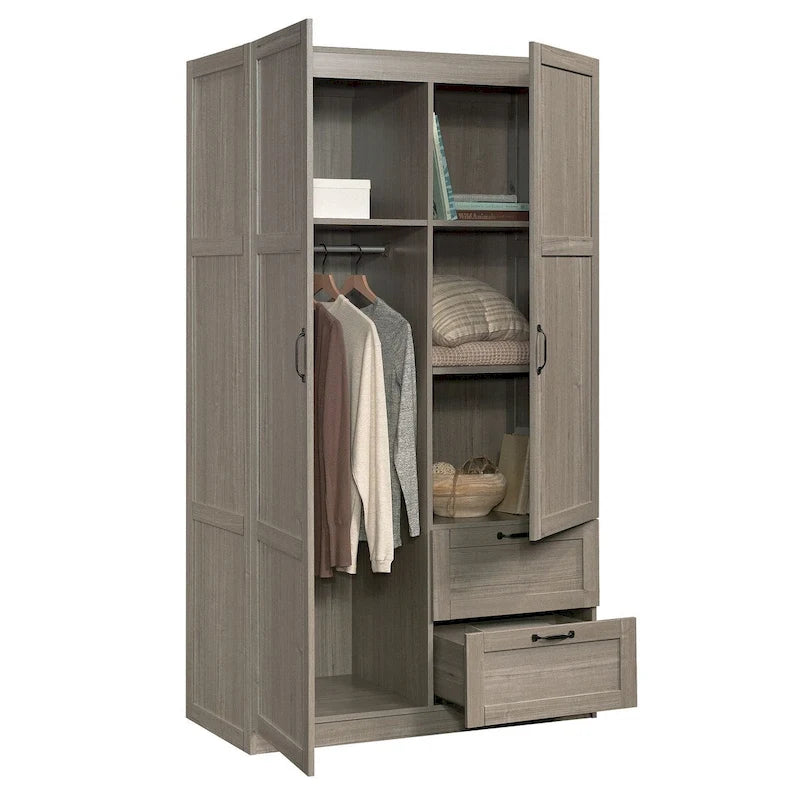 Armoire de rangement avec tringle et tiroirs en chêne blanc / chêne des Highlands / sycomore argenté pour 1 personne