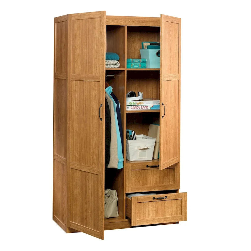 Armoire de rangement avec tringle et tiroirs en chêne blanc / chêne des Highlands / sycomore argenté pour 1 personne