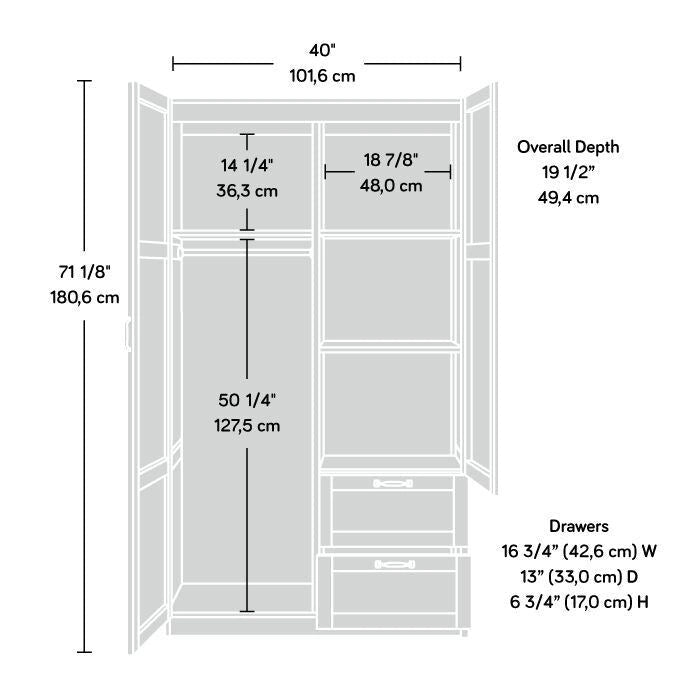 Armoire de rangement avec tringle et tiroirs en chêne blanc / chêne des Highlands / sycomore argenté pour 1 personne